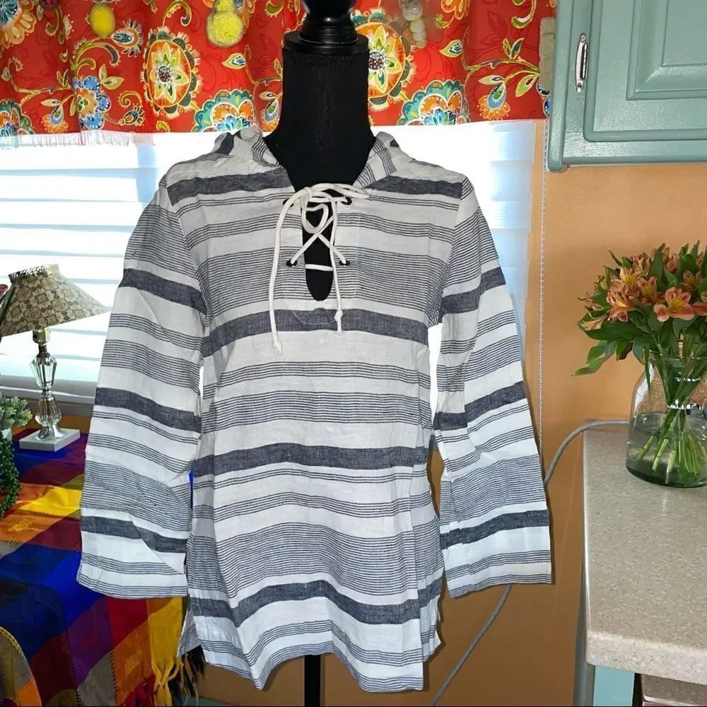 🆕 margaritaville Women's Blue Cream Striped Long Sleeve Baja Linen Hoodie XS 💙